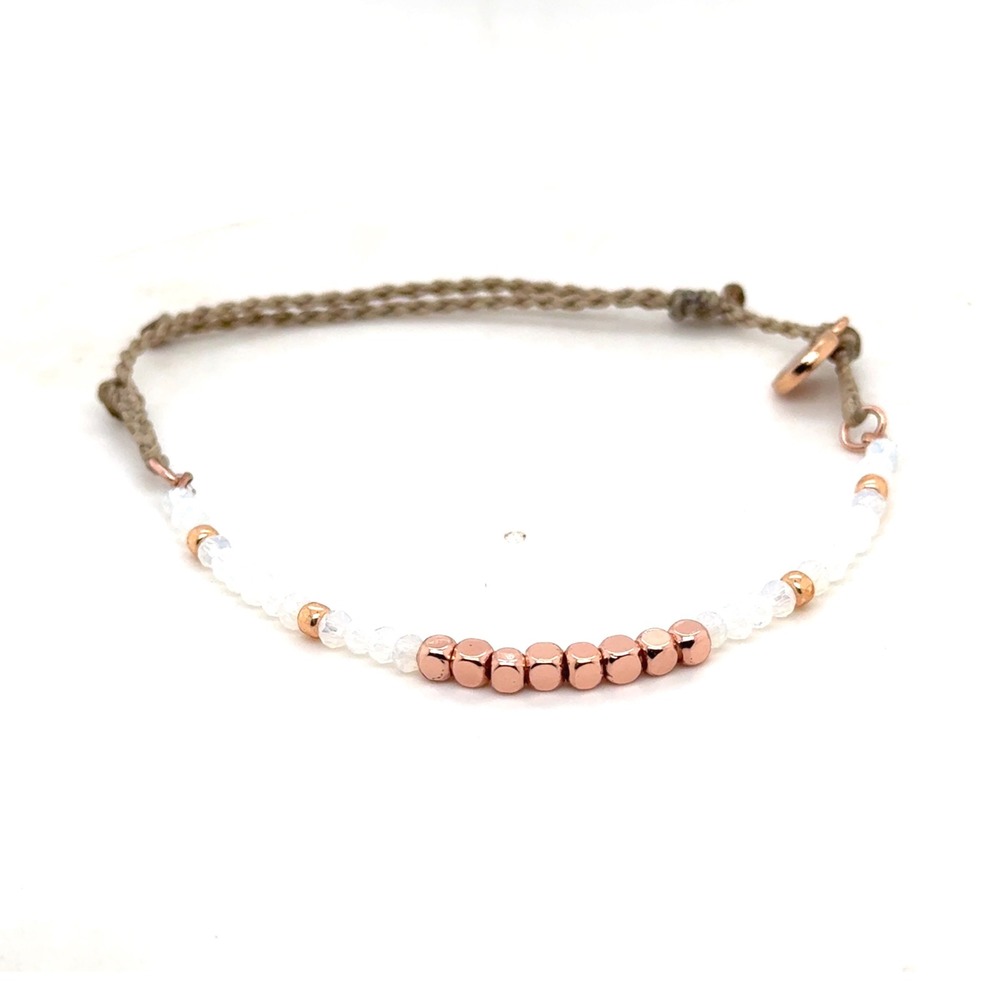 Pura Vida Rose Gold Tone Beaded Bracelet Tan Cord Adjustable Blue Iridescent